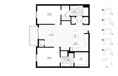 Floor plan for 2 beds, 2 baths, 1113 sqft